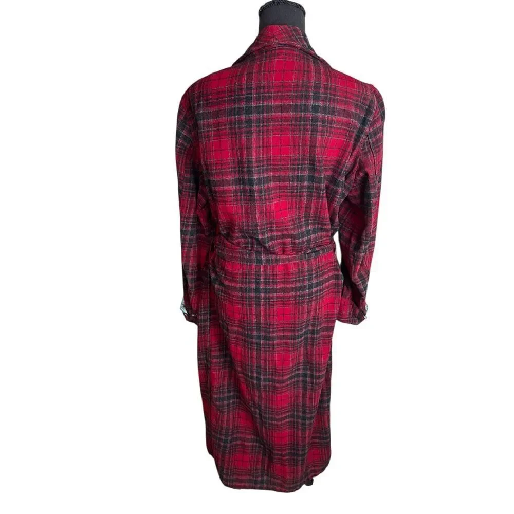 PENDLETON Vintage Red Virgin Wool Tartan Plaid Belted Bathrobe Men Size Medium